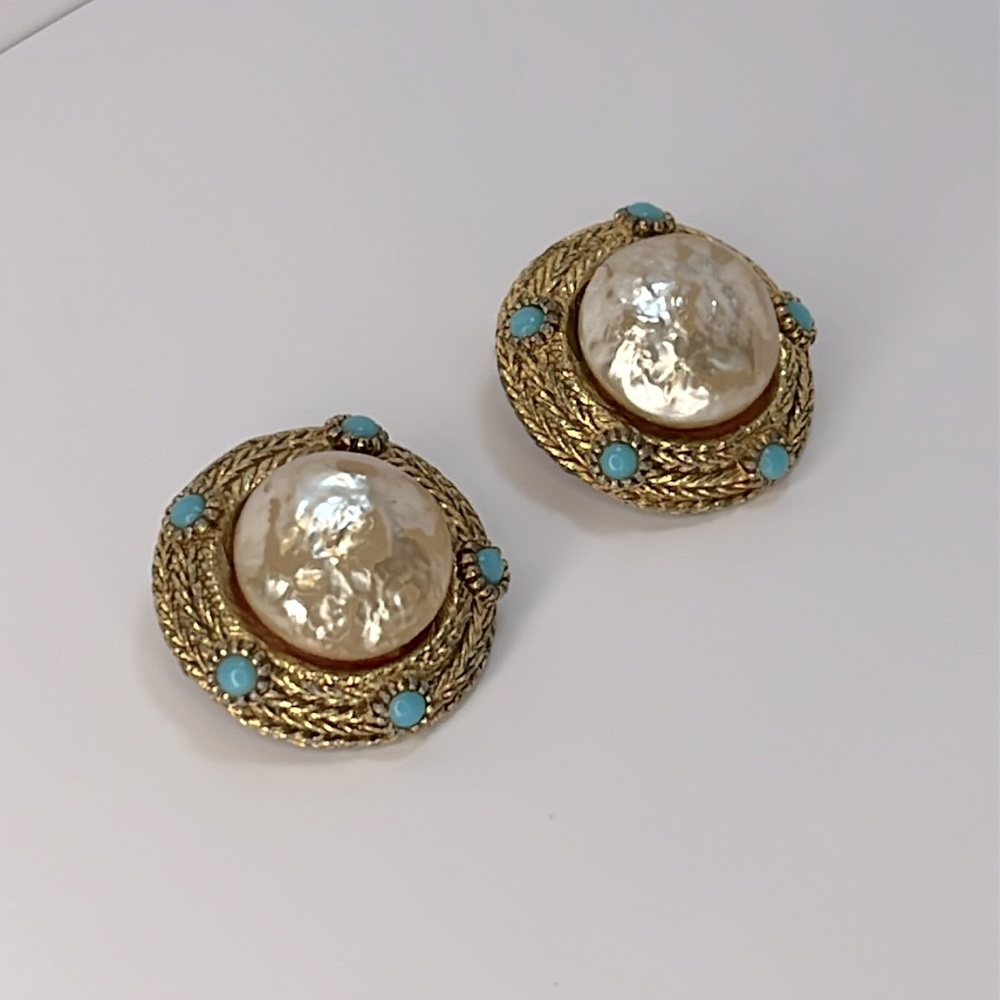 Vintage Shimmery Gold and Turquoise Statement Clip-On Earrings